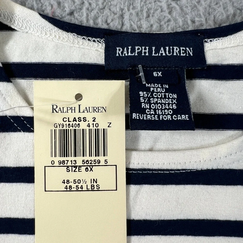 Ralph Lauren Striped T-Shirt Girls Size 6X Navy White Pink Pony Lettuce Trim NWT